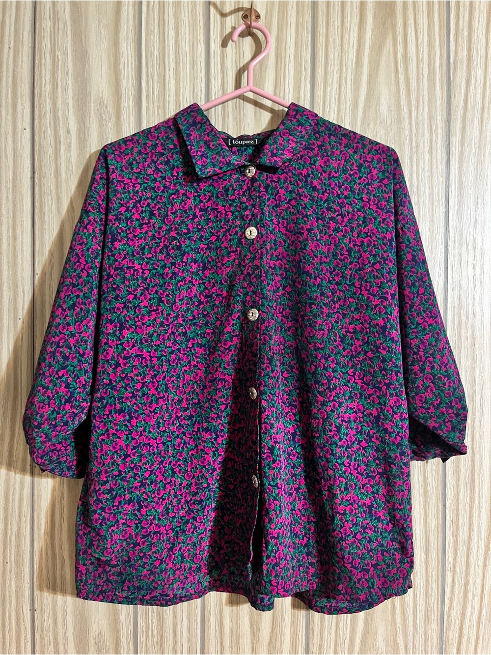 Toupaez Vintage Floral Button Up Blouse 3/4 Sleeve Magenta Teal